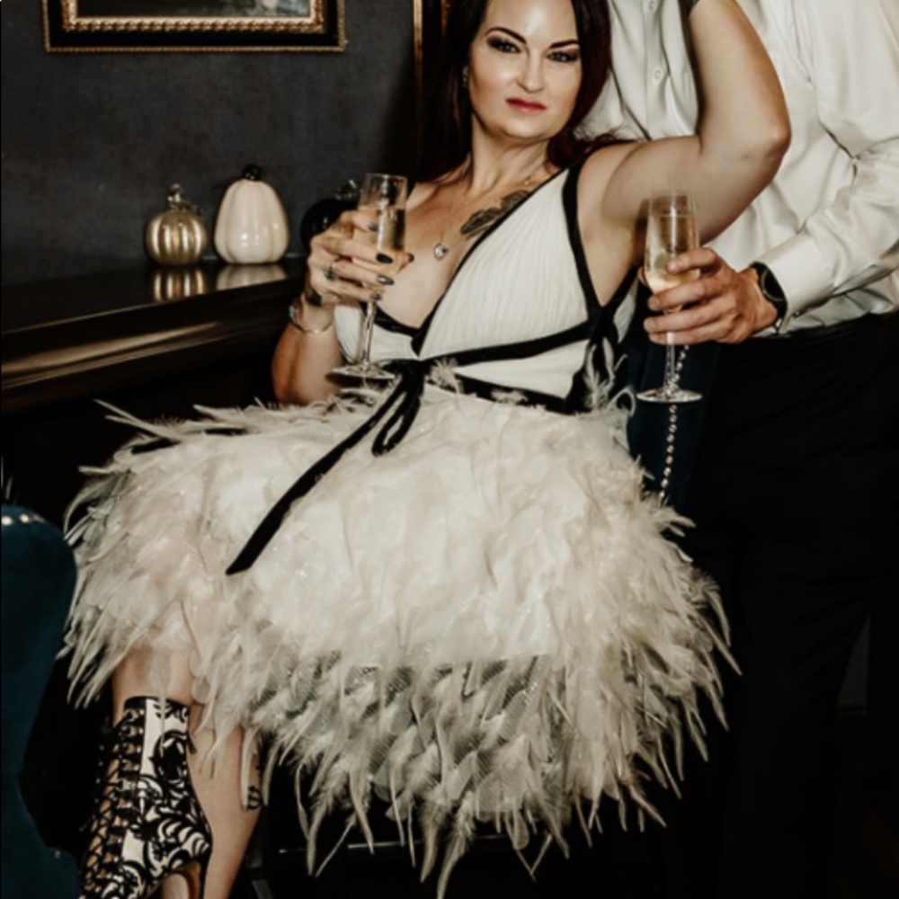 Jovani feather cocktail dress